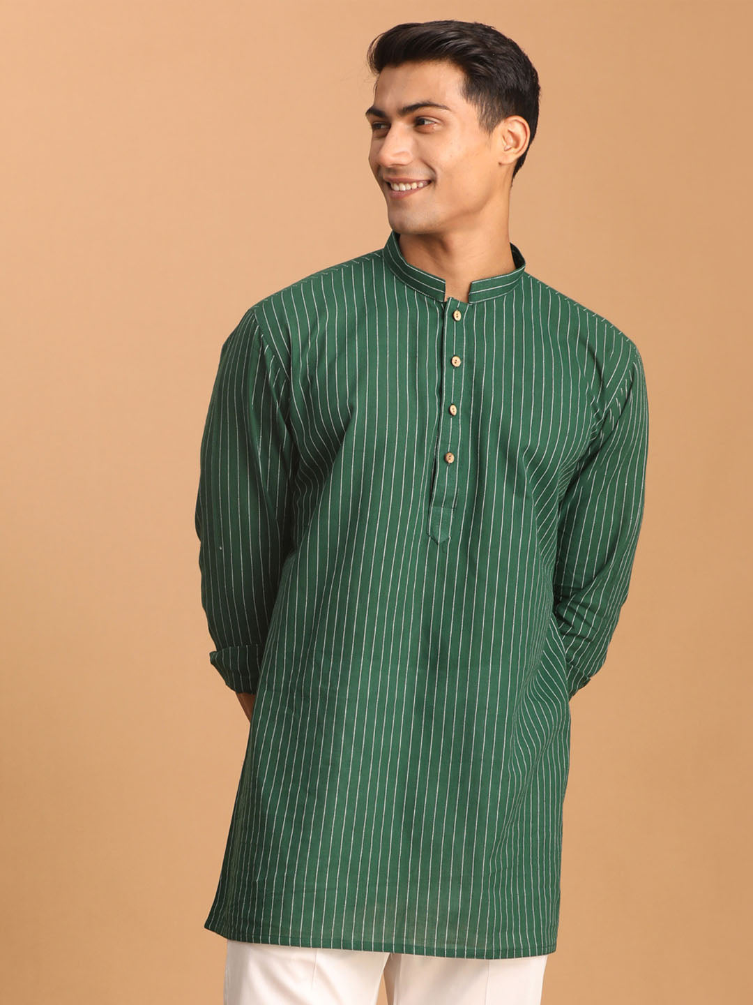 vastramay mens green striped cotton short kurta