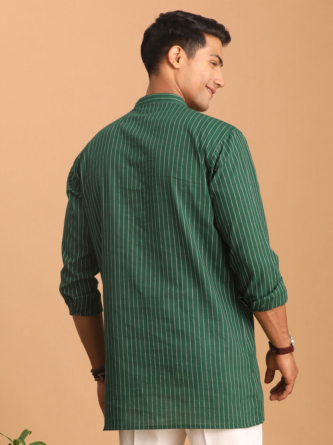 vastramay mens green striped cotton short kurta