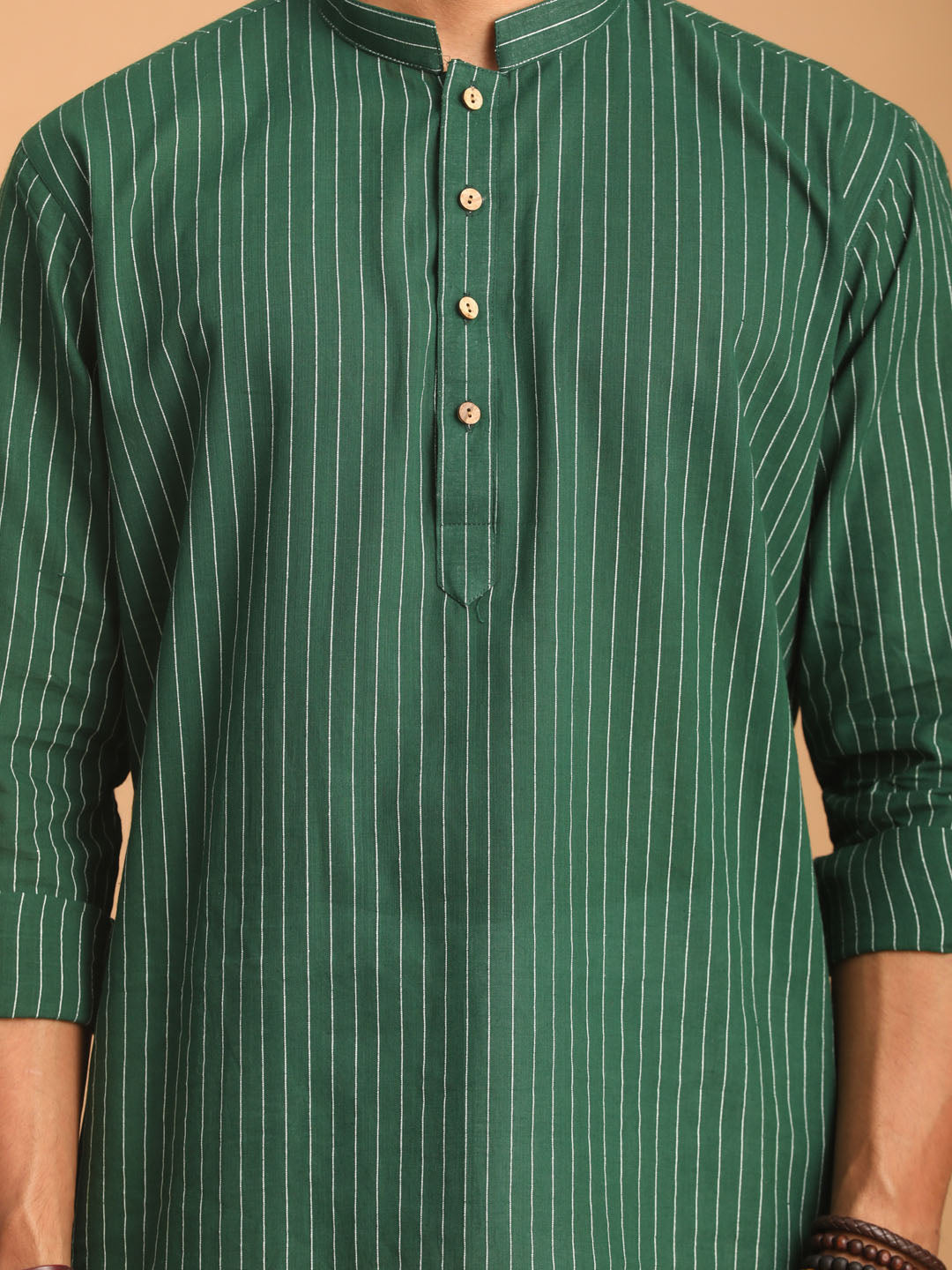 vastramay mens green striped cotton short kurta