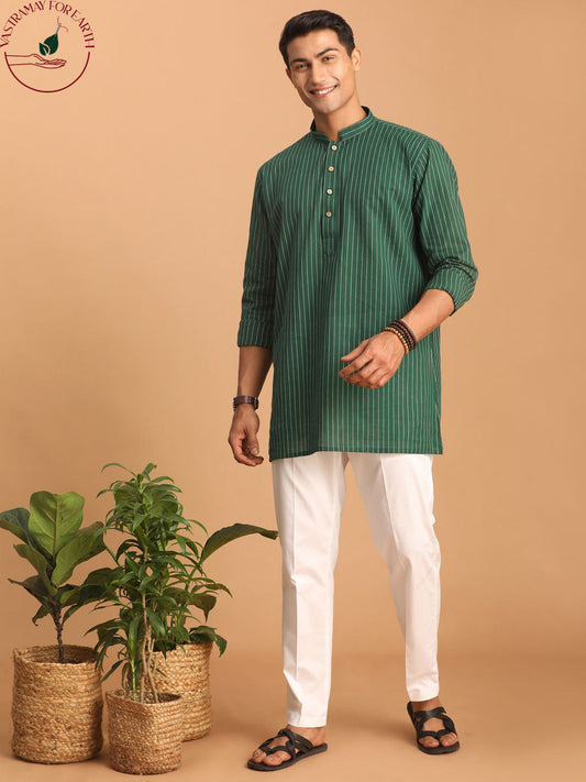 vastramay mens green striped cotton short kurta with white pant