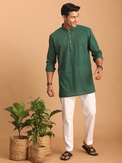 vastramay mens green striped cotton short kurta with white pant 1