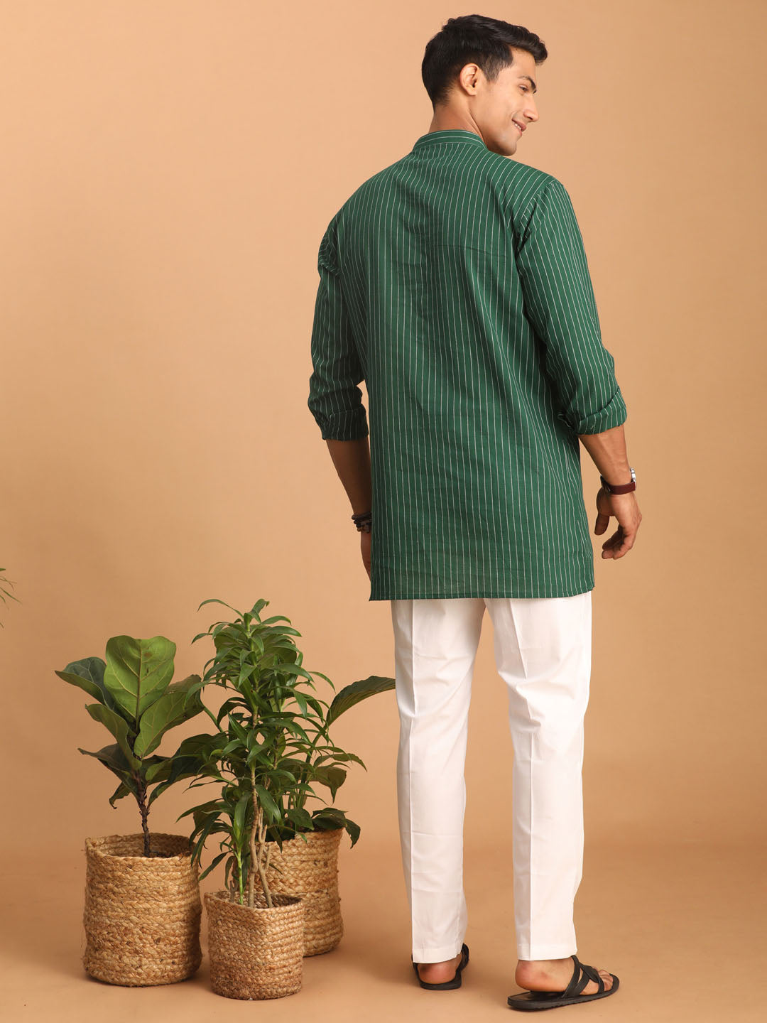 vastramay mens green striped cotton short kurta with white pant 1