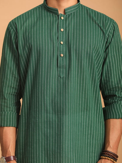 vastramay mens green striped cotton short kurta with white pant 1