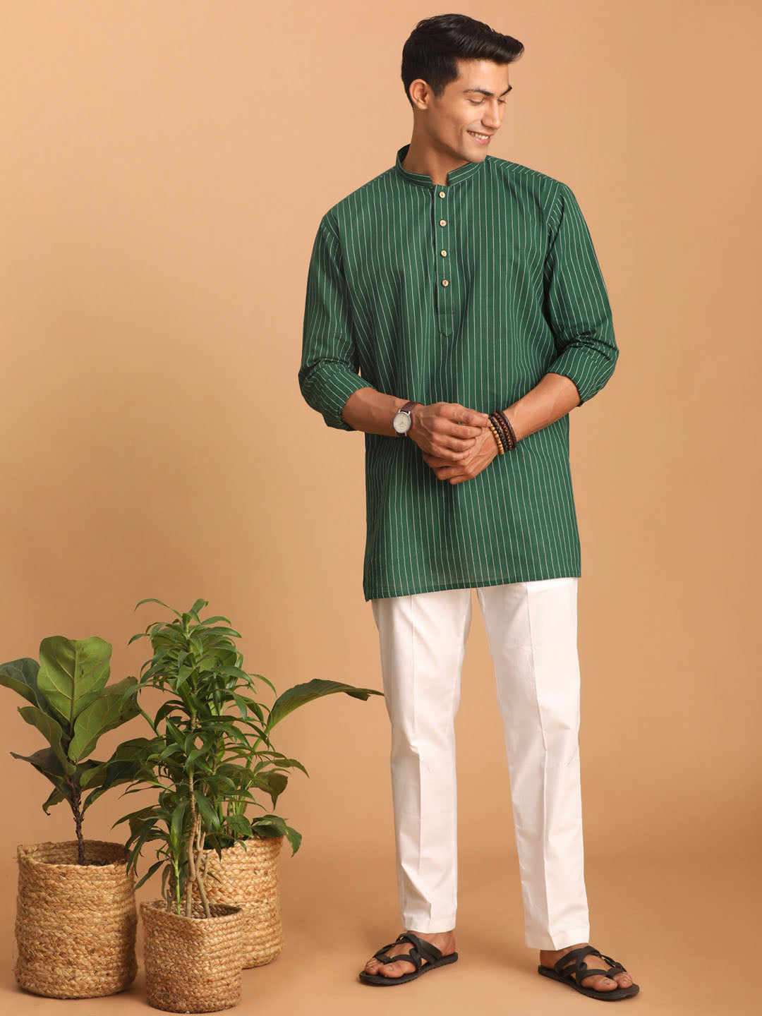 vastramay mens green striped cotton short kurta with white pant 1