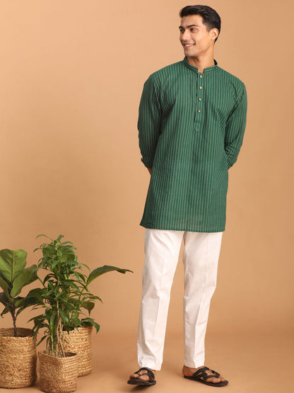 vastramay mens green striped cotton short kurta with white pant 1