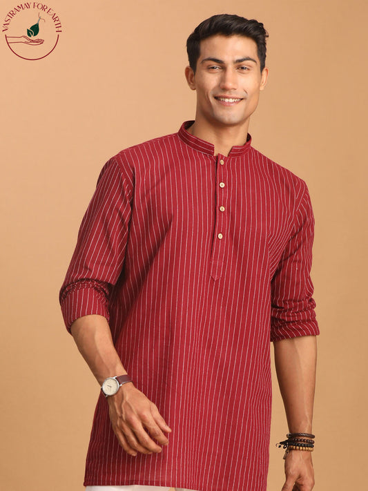 vastramay mens maroon striped cotton short kurta