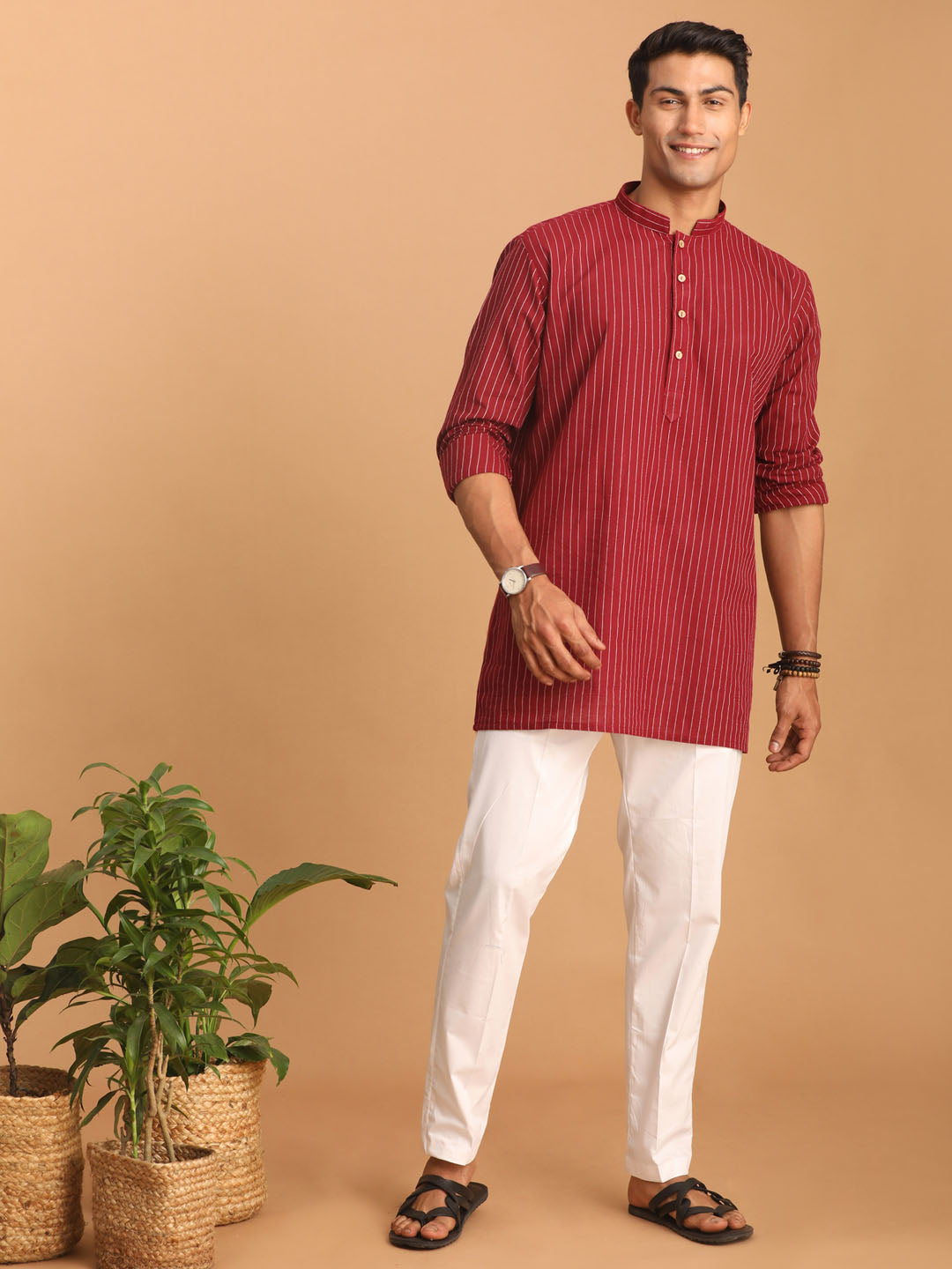 vastramay mens maroon striped cotton short kurta with white pant