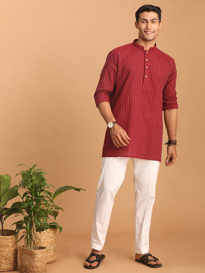 vastramay mens maroon striped cotton short kurta with white pant