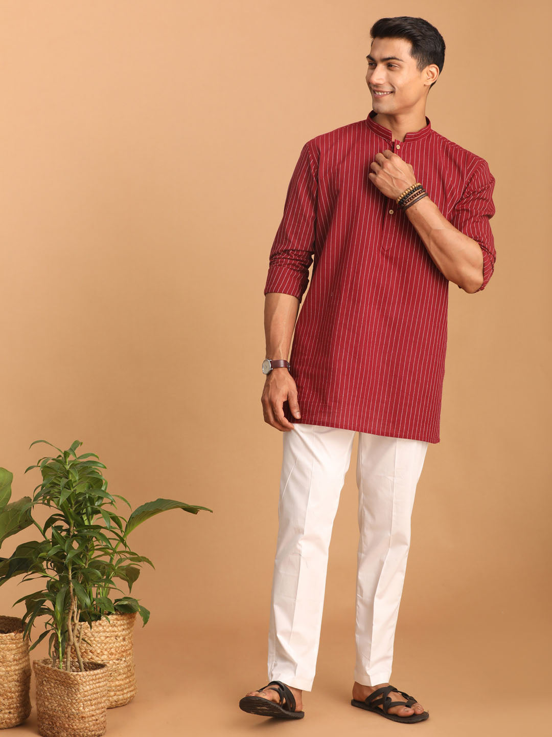 vastramay mens maroon striped cotton short kurta with white pant