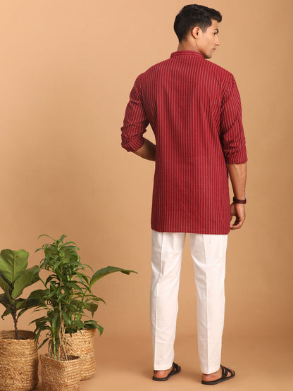 vastramay mens maroon striped cotton short kurta with white pant