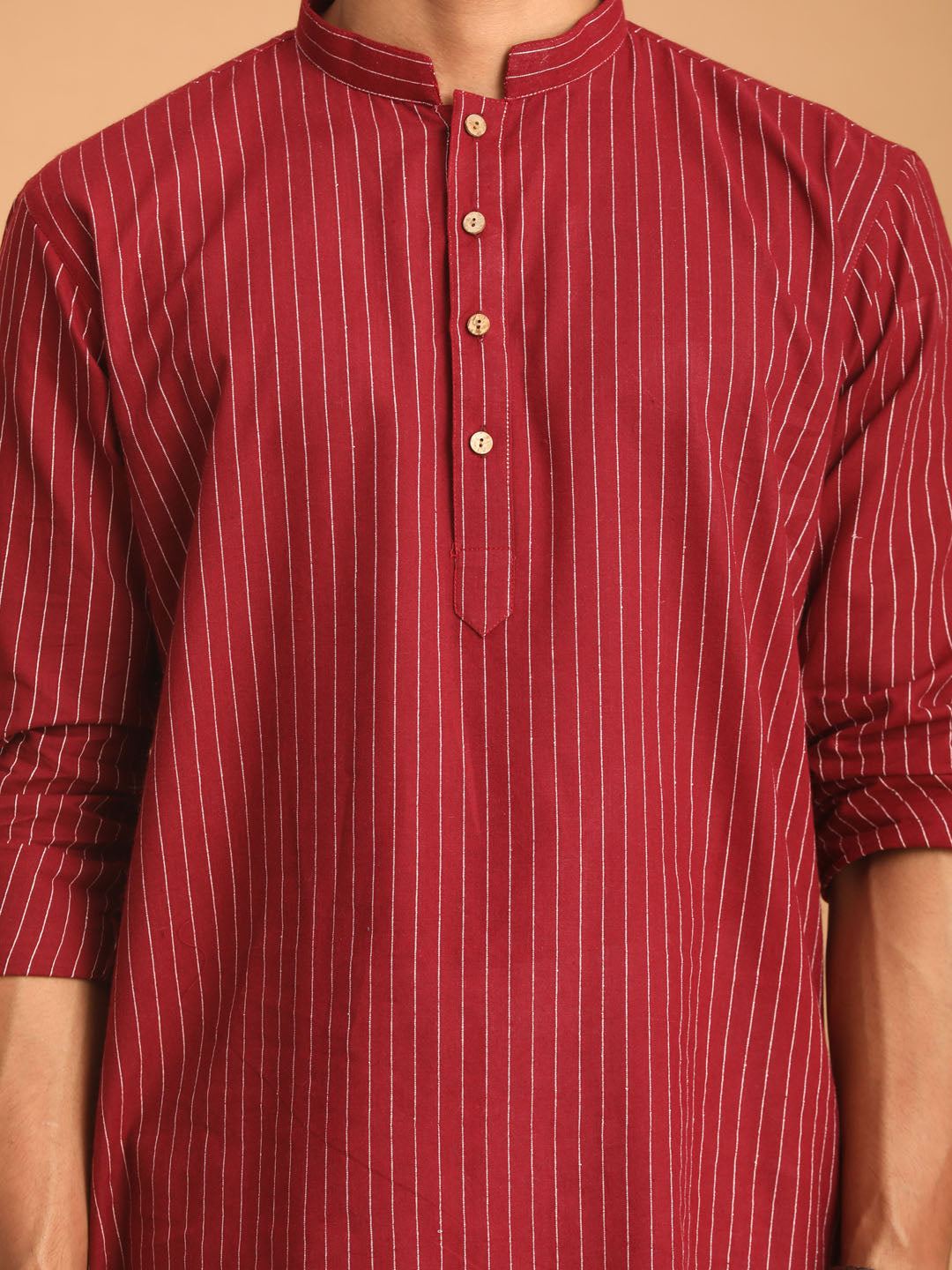 vastramay mens maroon striped cotton short kurta with white pant