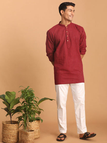 vastramay mens maroon striped cotton short kurta with white pant