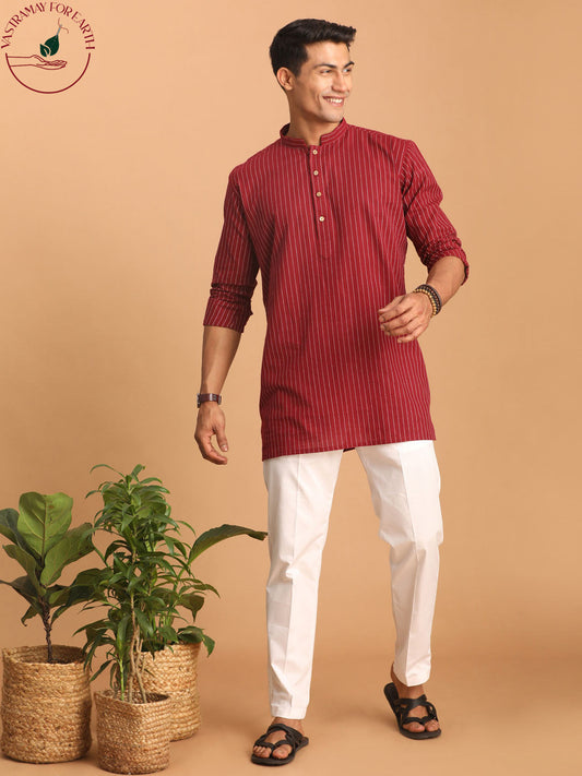 vastramay mens maroon striped cotton short kurta with white pant