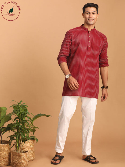 vastramay mens maroon striped cotton short kurta with white pant set