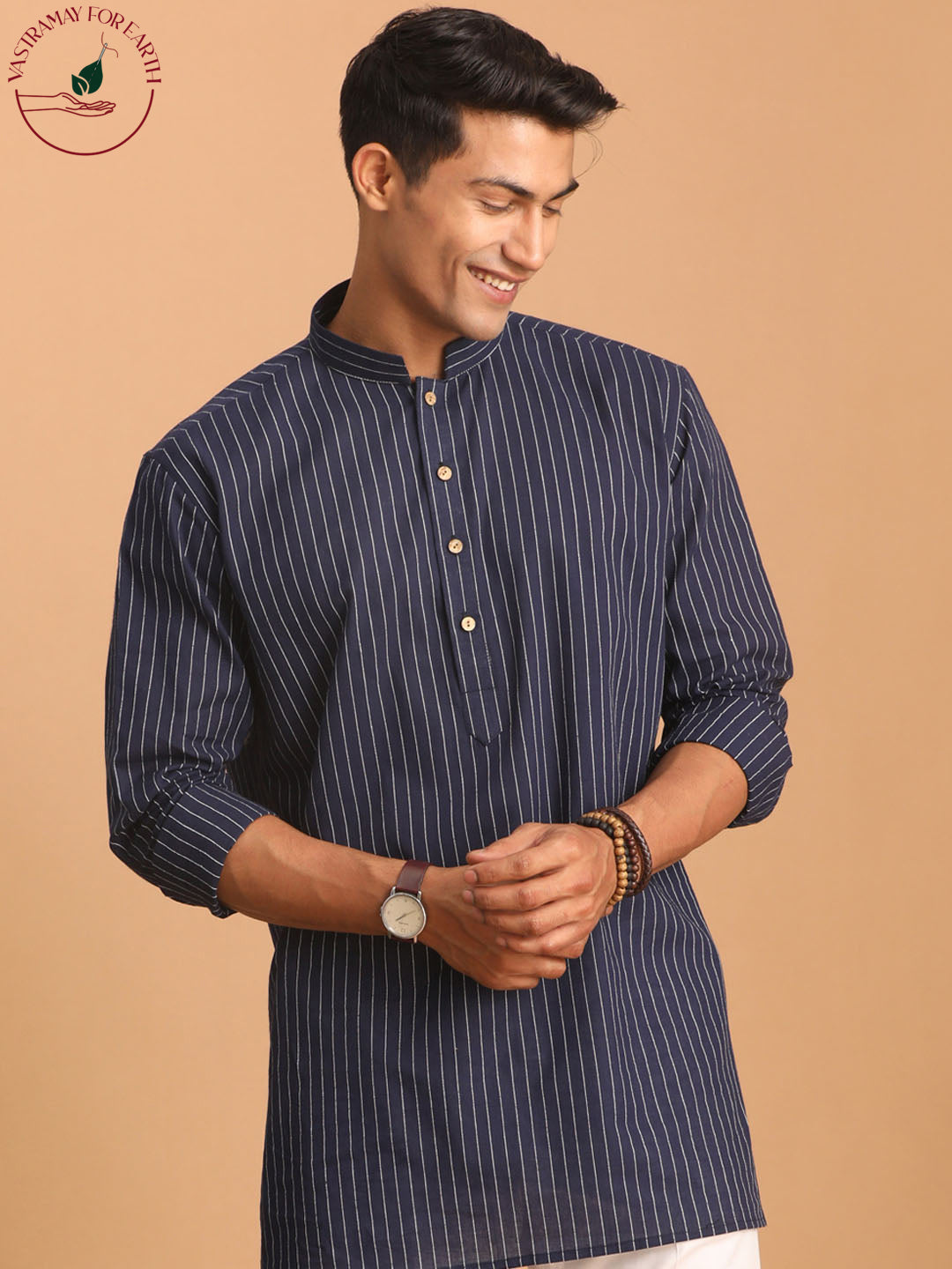 vastramay mens navy blue striped cotton short kurta