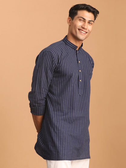 vastramay mens navy blue striped cotton short kurta