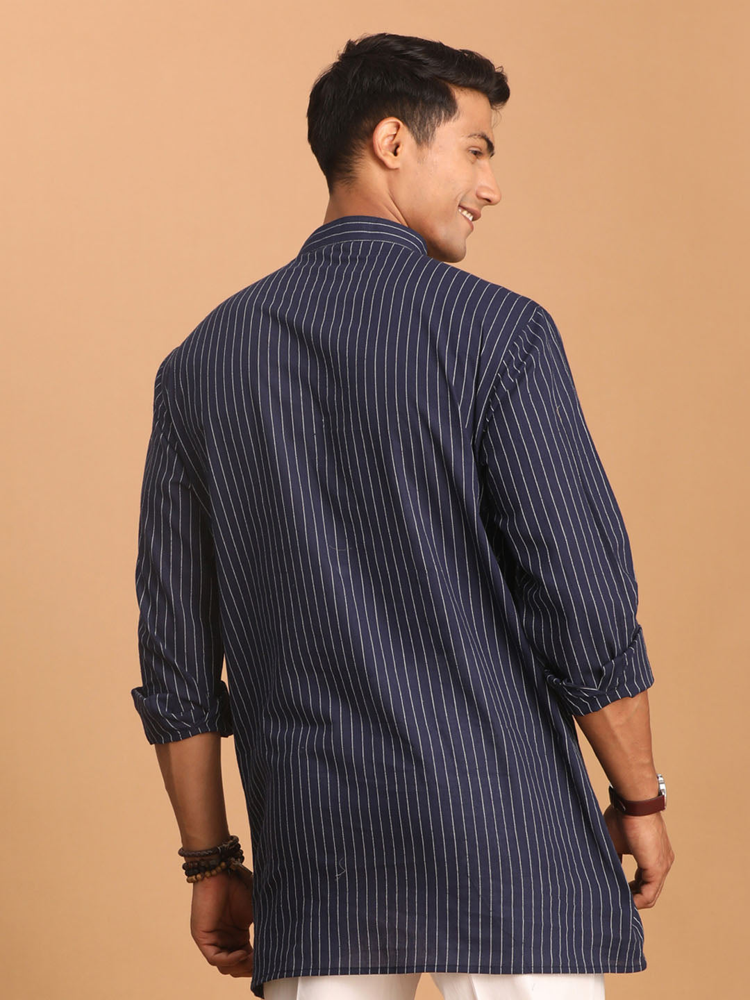 vastramay mens navy blue striped cotton short kurta