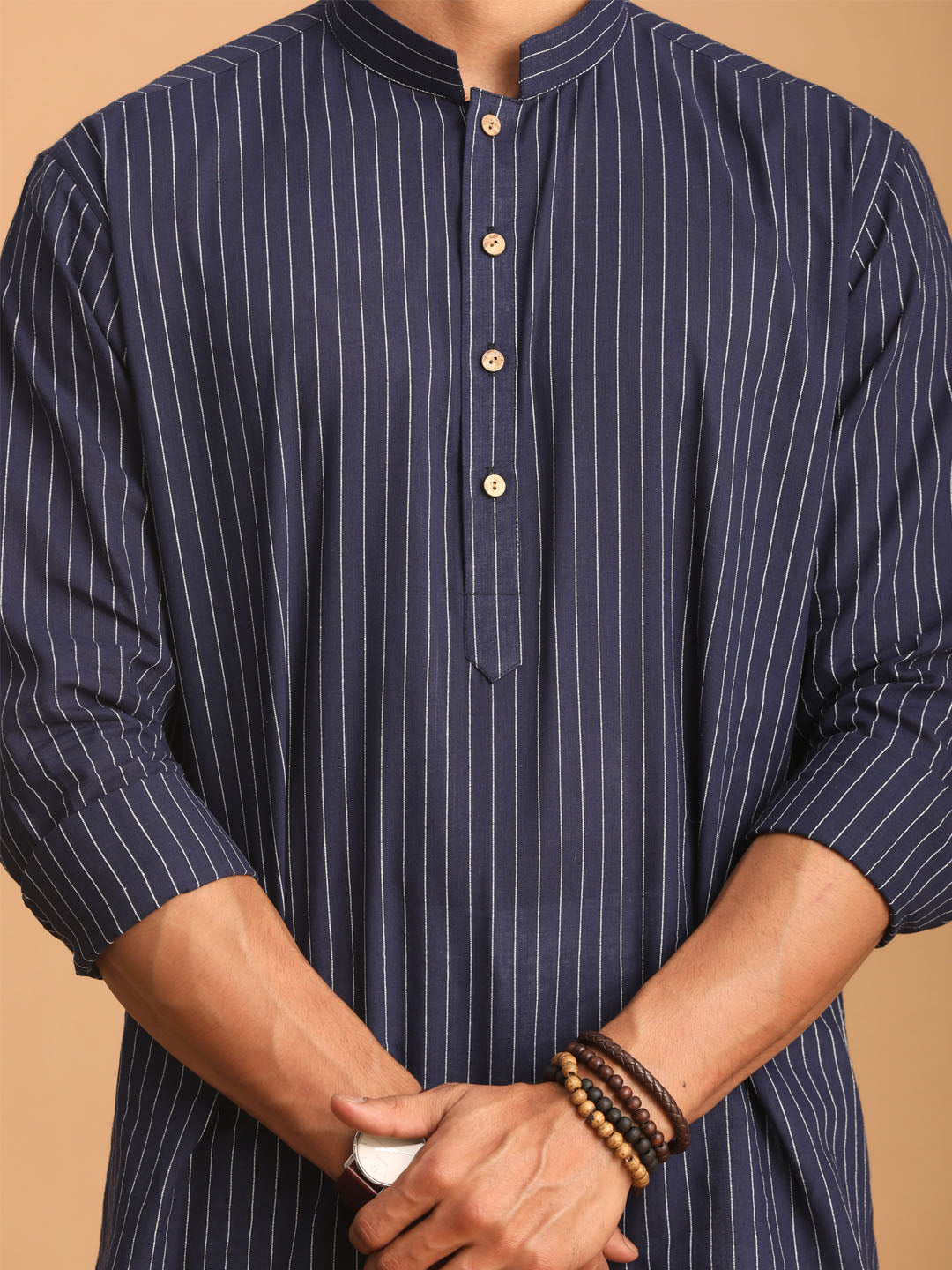 vastramay mens navy blue striped cotton short kurta