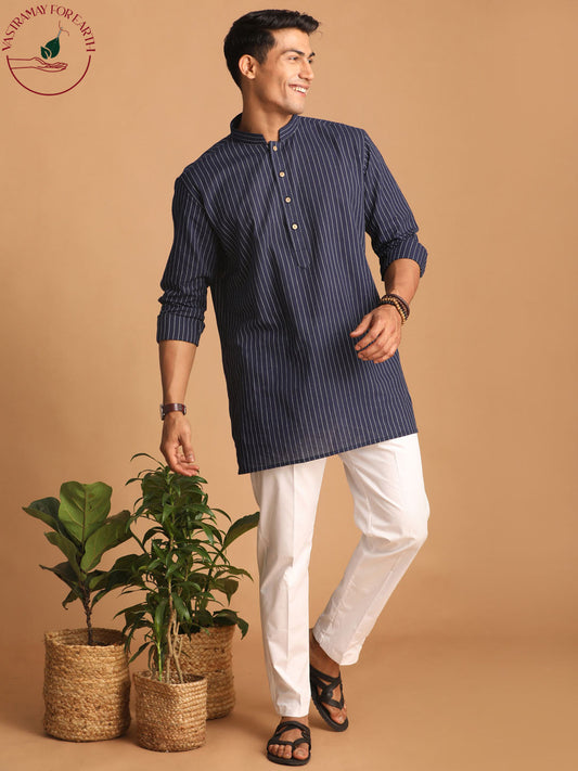 vastramay mens navy blue striped cotton short kurta with white pant