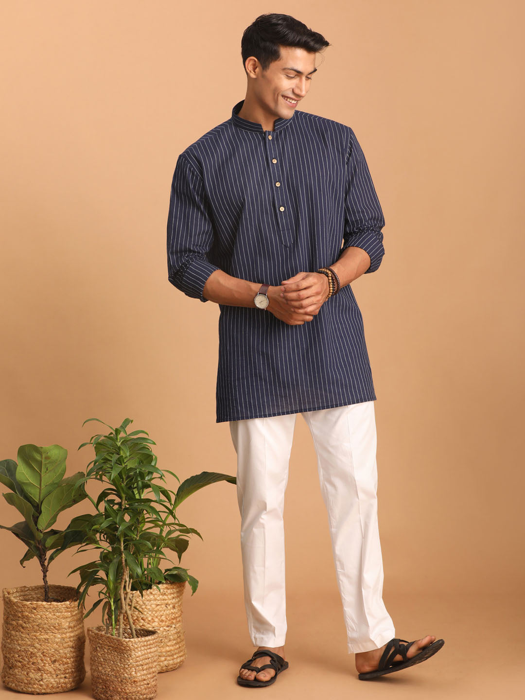 vastramay mens navy blue striped cotton short kurta with white pant