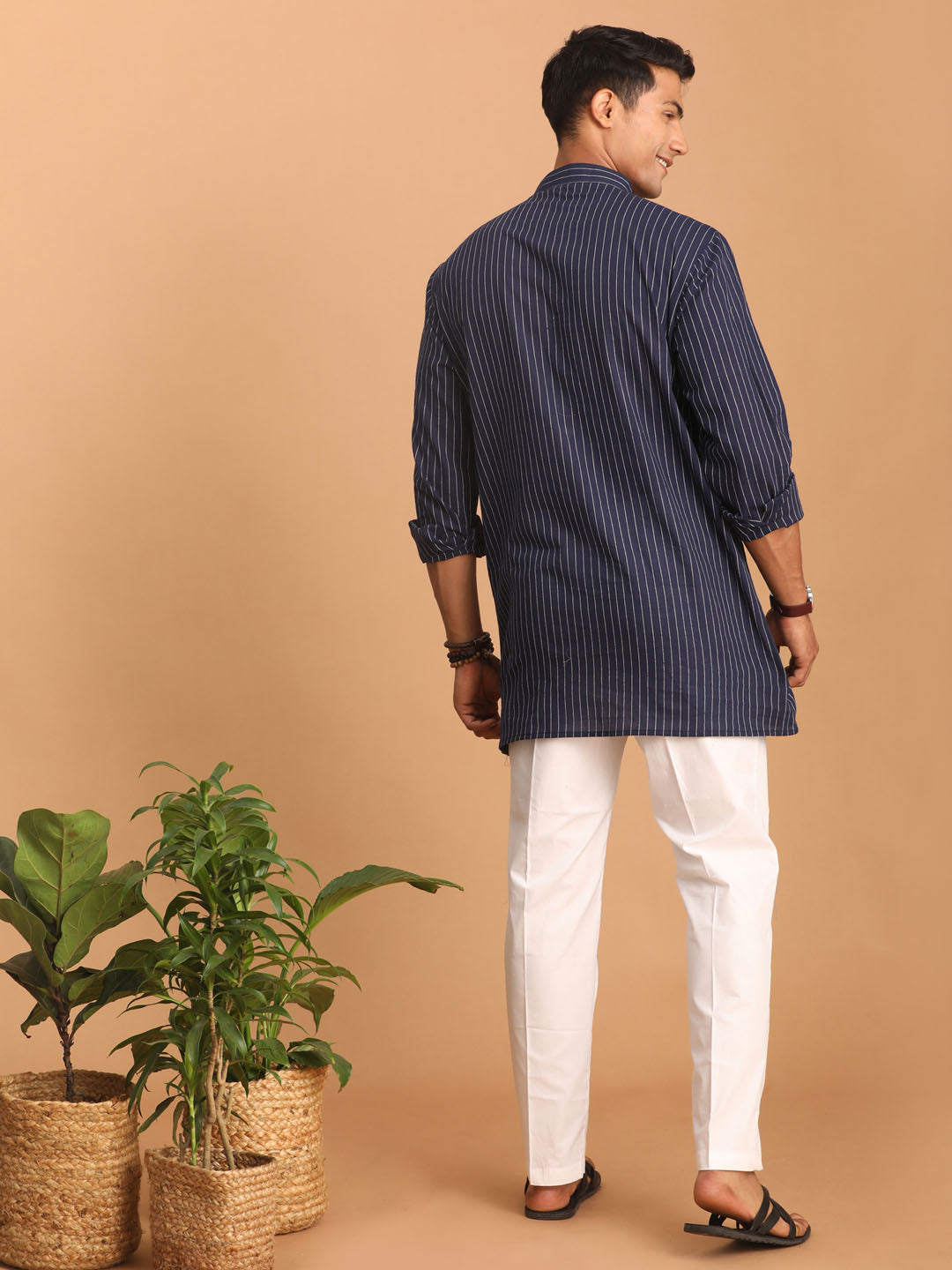 vastramay mens navy blue striped cotton short kurta with white pant