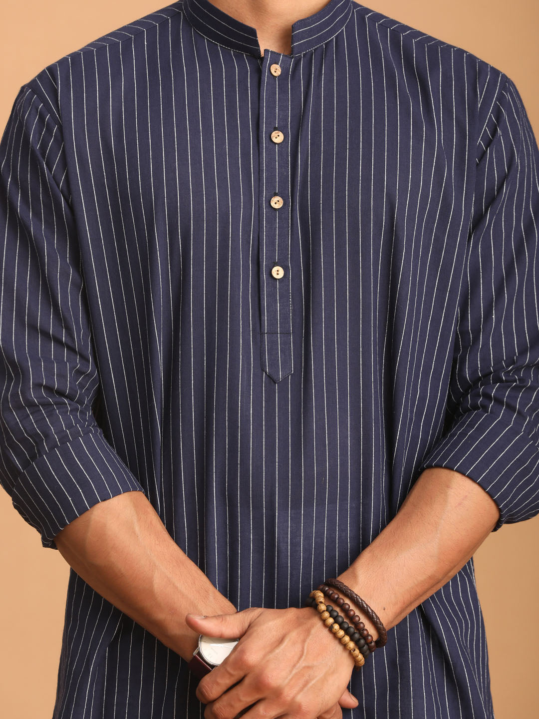 vastramay mens navy blue striped cotton short kurta with white pant