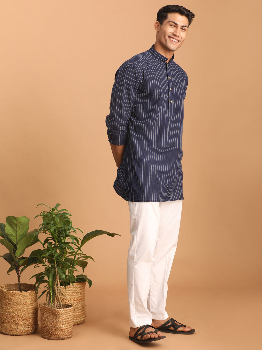 vastramay mens navy blue striped cotton short kurta with white pant