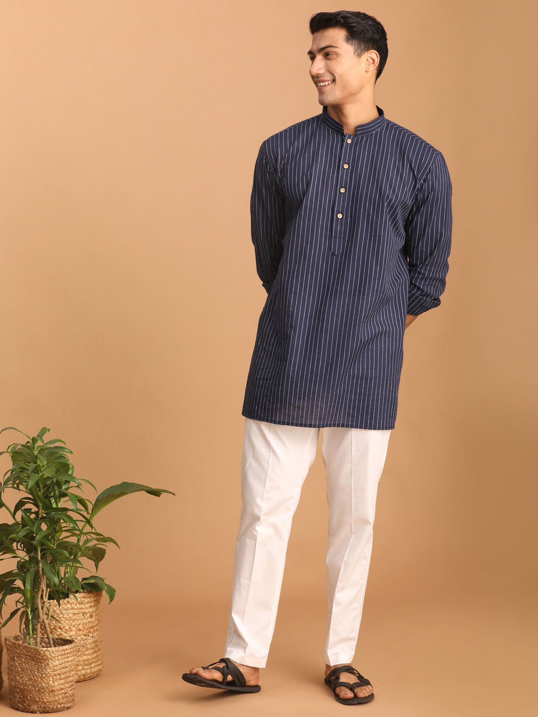 vastramay mens navy blue striped cotton short kurta with white pant