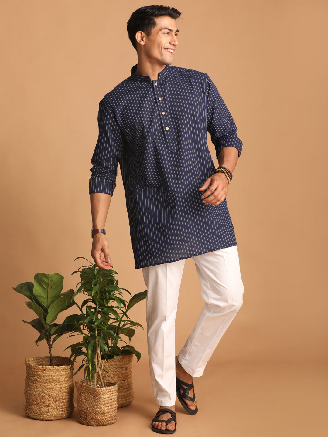 vastramay mens navy blue striped cotton short kurta with white pant set 1