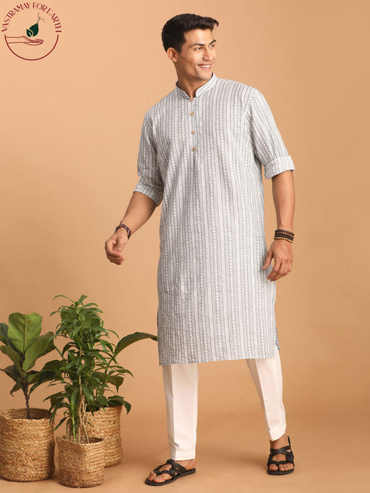 vastramay mens grey and white batik printed kurta with white pant set