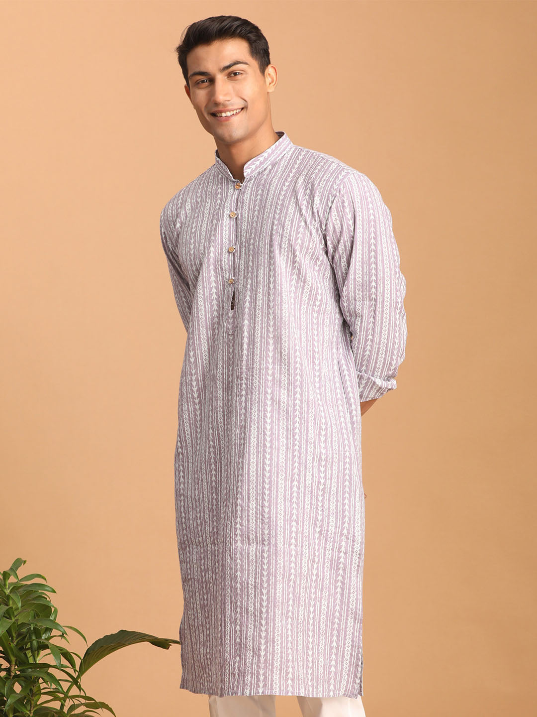 vastramay mens purple and white batik printed kurta