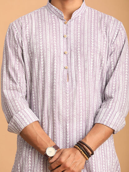 vastramay mens purple and white batik printed kurta