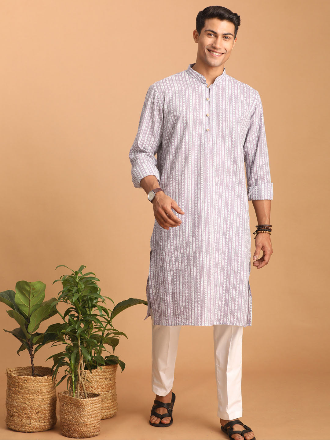 vastramay mens purple and white batik printed kurta