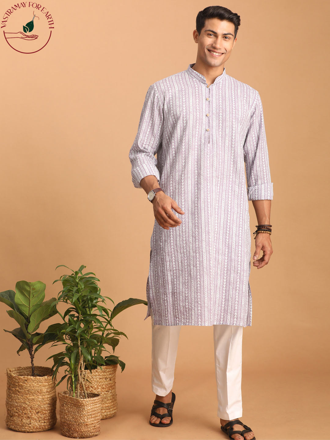 vastramay mens purple and white batik printed kurta with white pant set 1