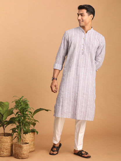 vastramay mens purple and white batik printed kurta with white pant set 1