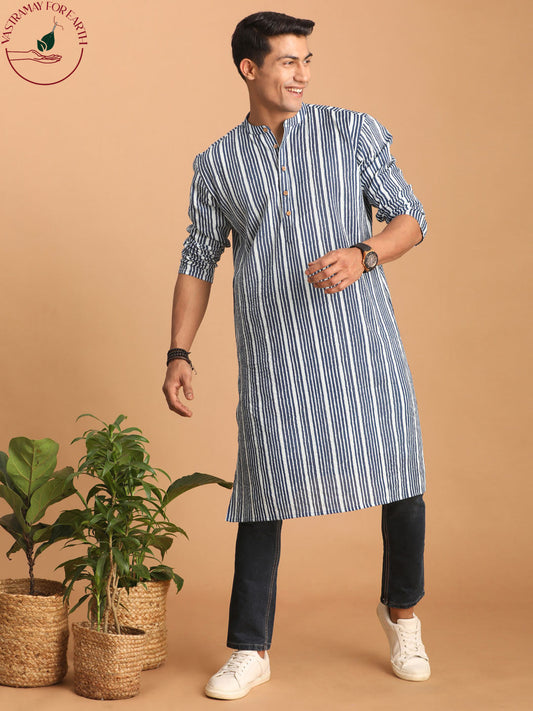 vastramay mens white and blue striped cotton kurta