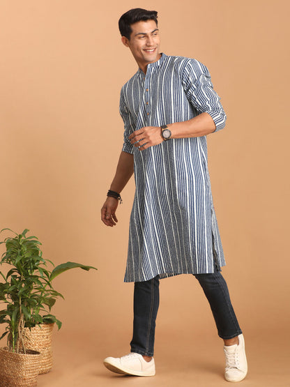 vastramay mens white and blue striped cotton kurta