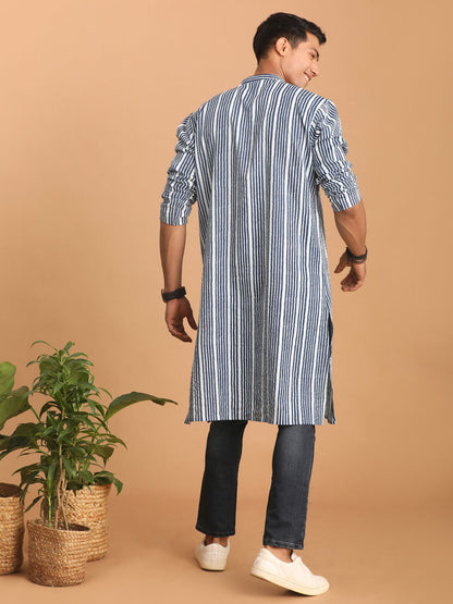 vastramay mens white and blue striped cotton kurta