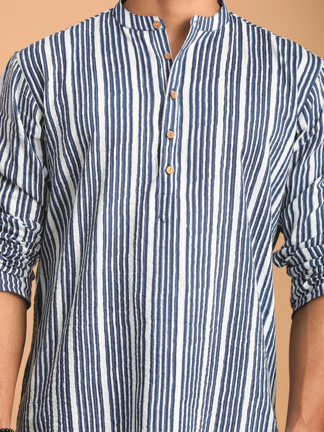 vastramay mens white and blue striped cotton kurta