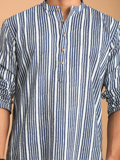 vastramay mens white and blue striped cotton kurta