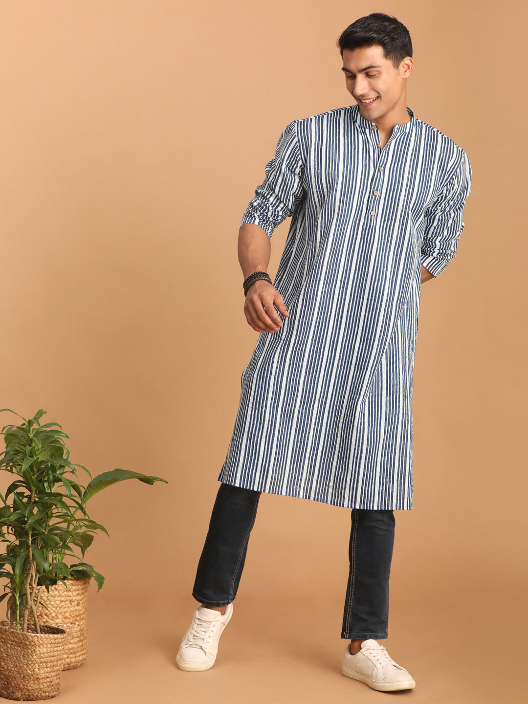 vastramay mens white and blue striped cotton kurta