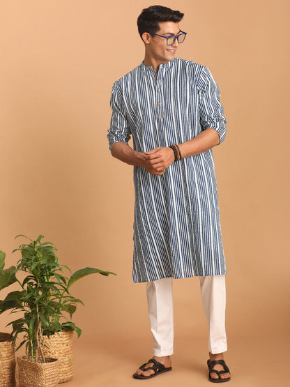 vastramay mens white and blue striped cotton kurta with white pant set