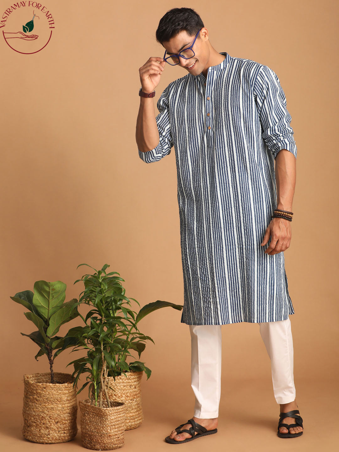 vastramay mens white and blue striped cotton kurta with white pant set