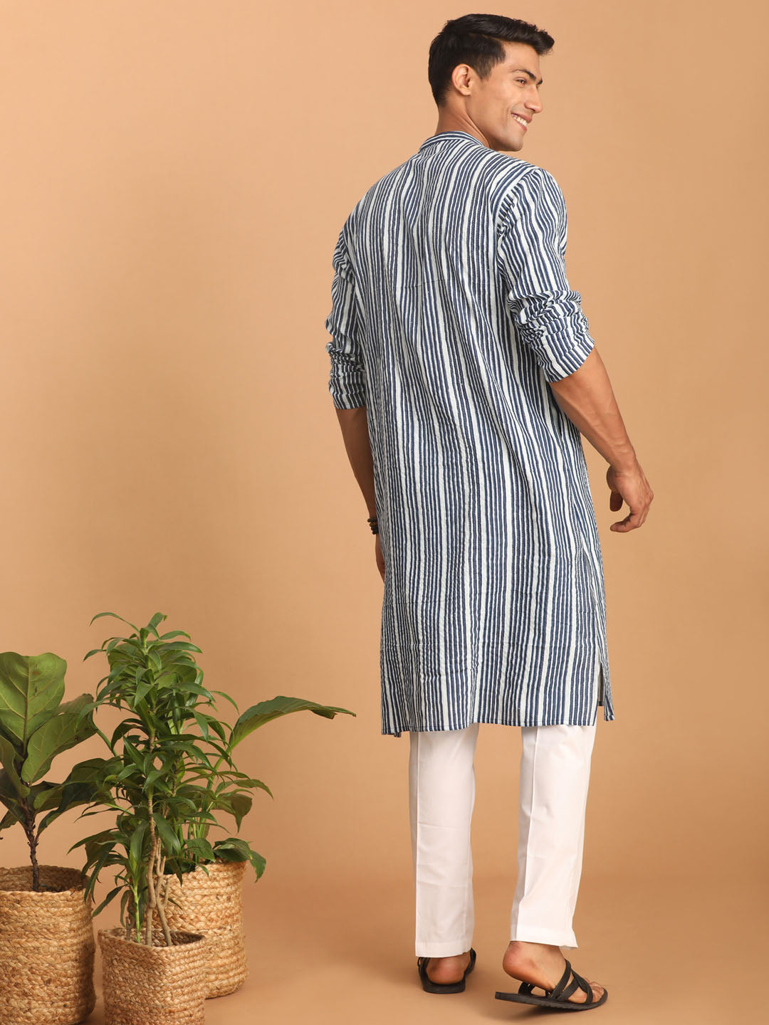 vastramay mens white and blue striped cotton kurta with white pant set