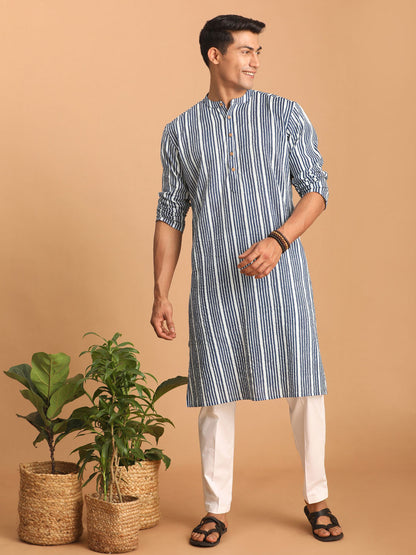 vastramay mens white and blue striped cotton kurta with white pant set