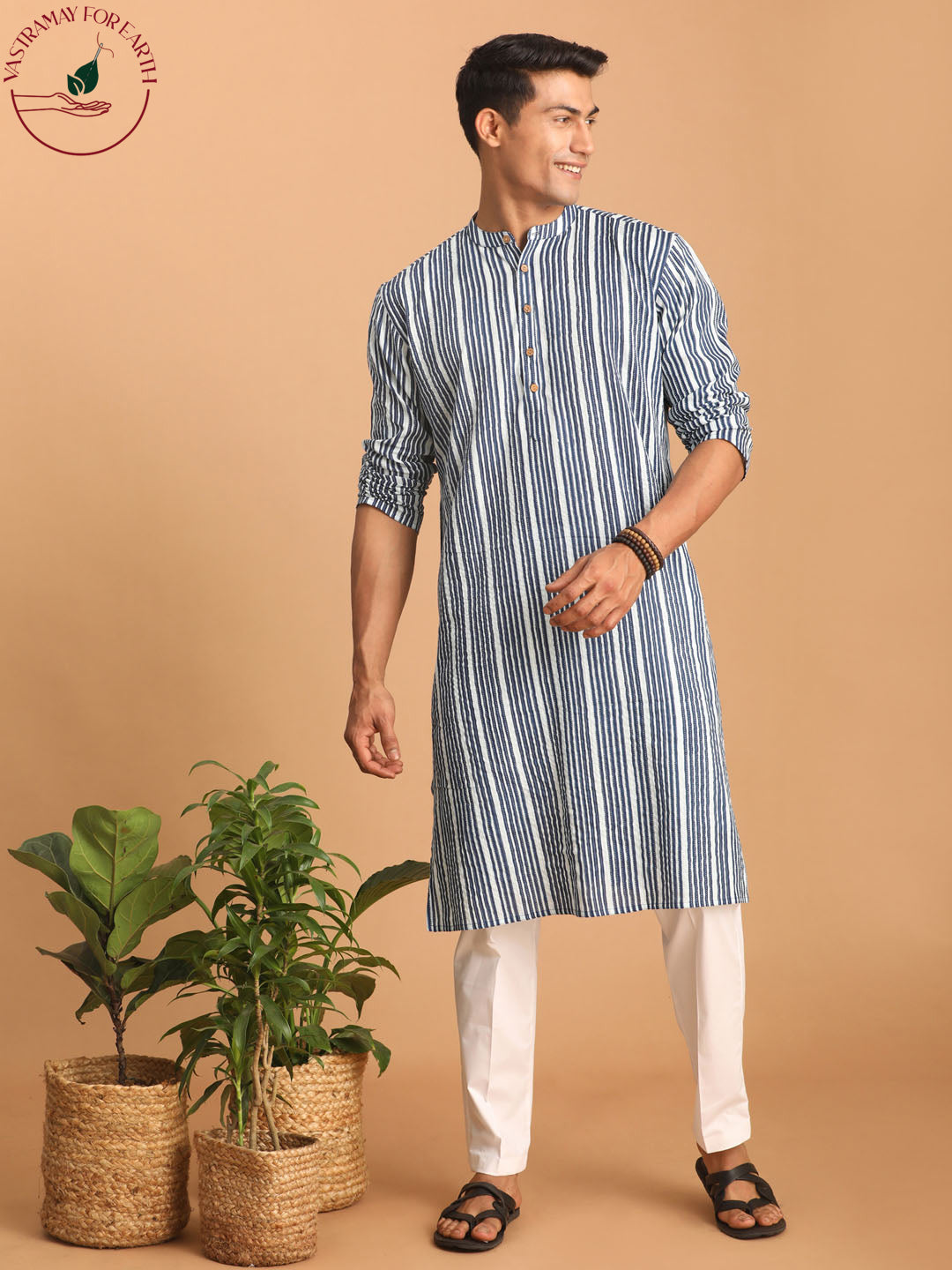 vastramay mens white and blue striped cotton kurta with white pant set 2