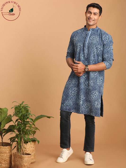 vastramay mens blue dot printed denim kurta