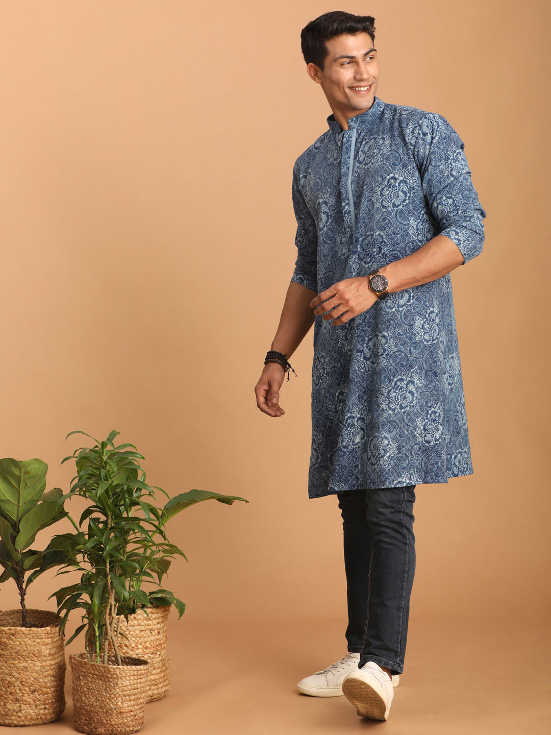 vastramay mens blue dot printed denim kurta
