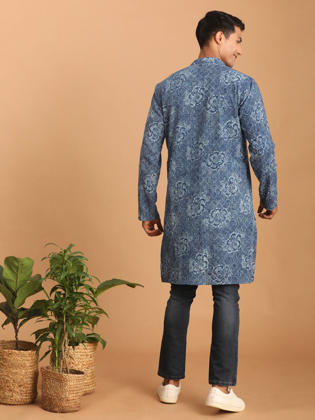 vastramay mens blue dot printed denim kurta