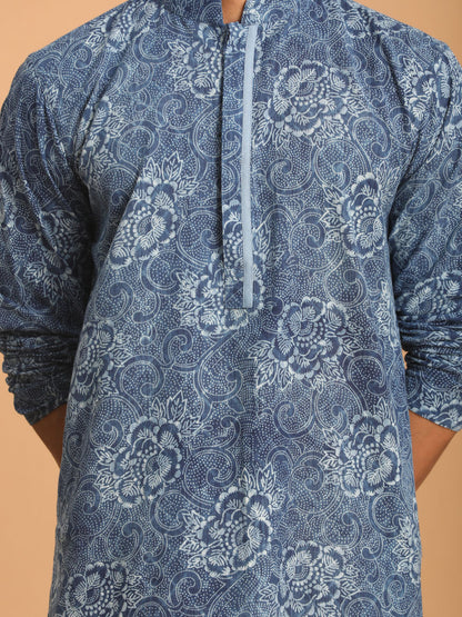 vastramay mens blue dot printed denim kurta